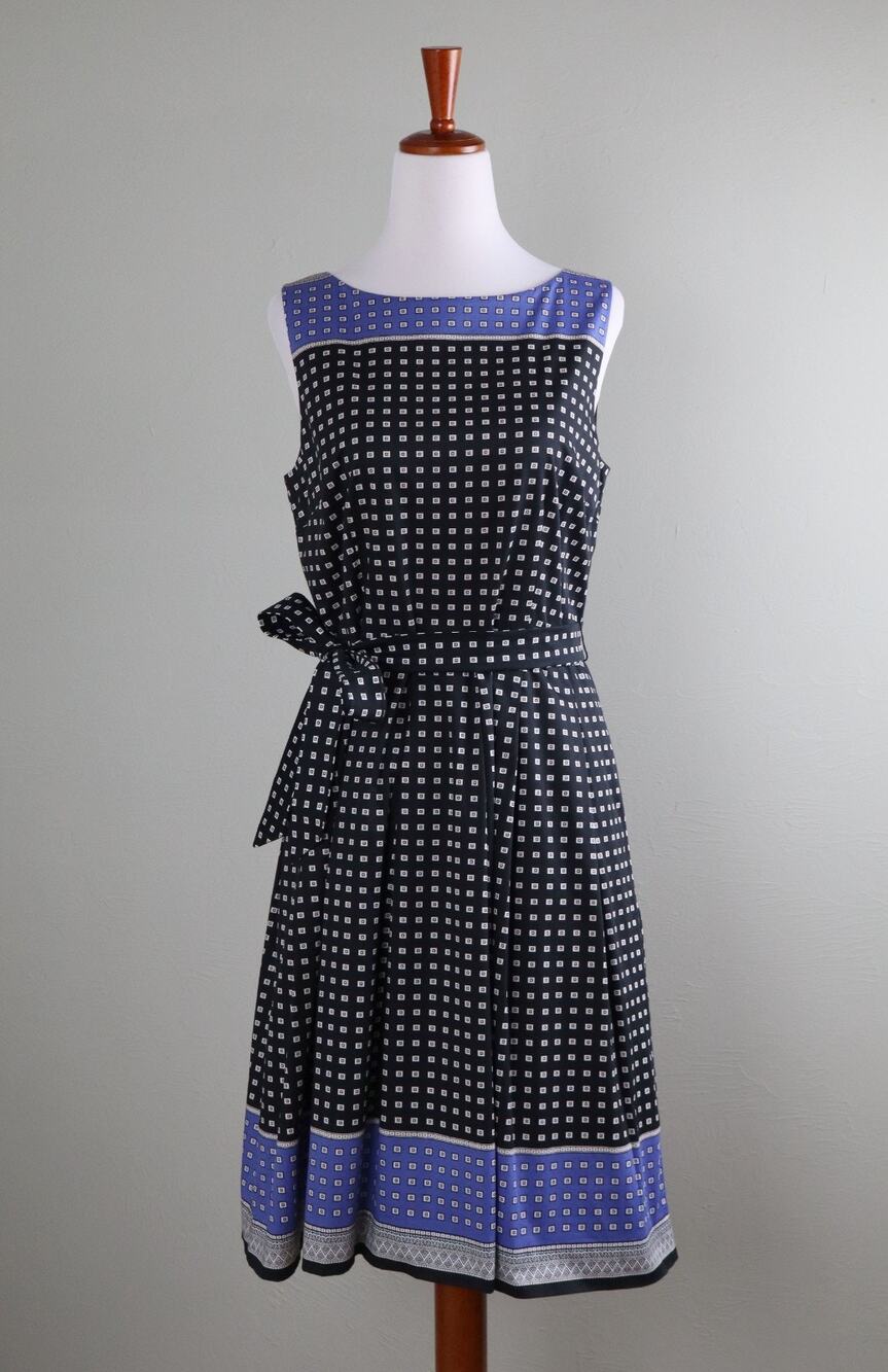 TALBOTS Check Geo Print A-Line Belted Pleated Lined Dress Size 6 Petite